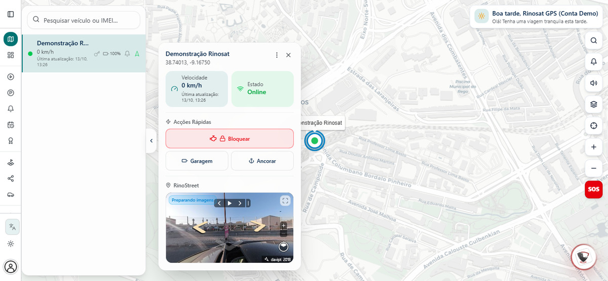 Painel Rinosat GPS no computador — mapa em tempo real com veículo de demonstração