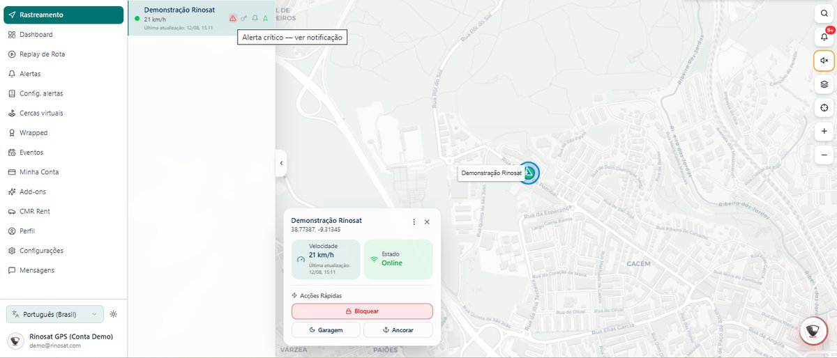 Painel Rinosat GPS no computador — mapa em tempo real com veículo de demonstração