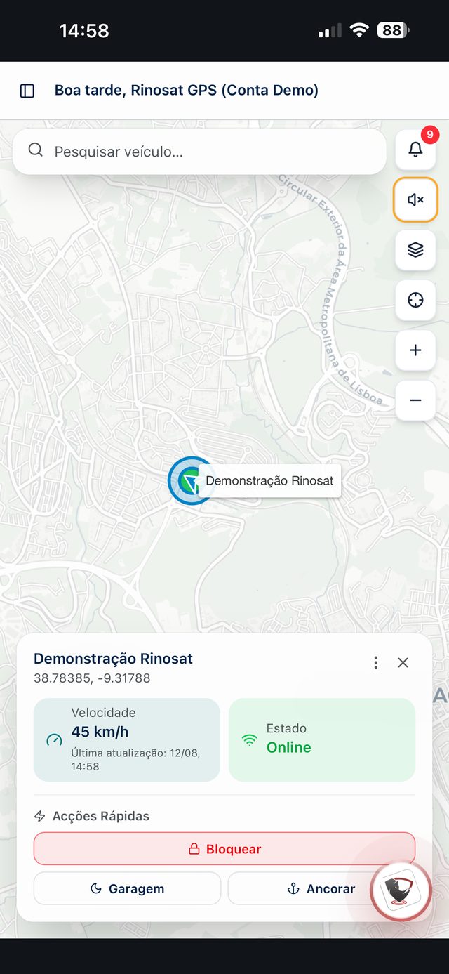 Painel Rinosat GPS no telemóvel — mapa ao vivo e ações rápidas